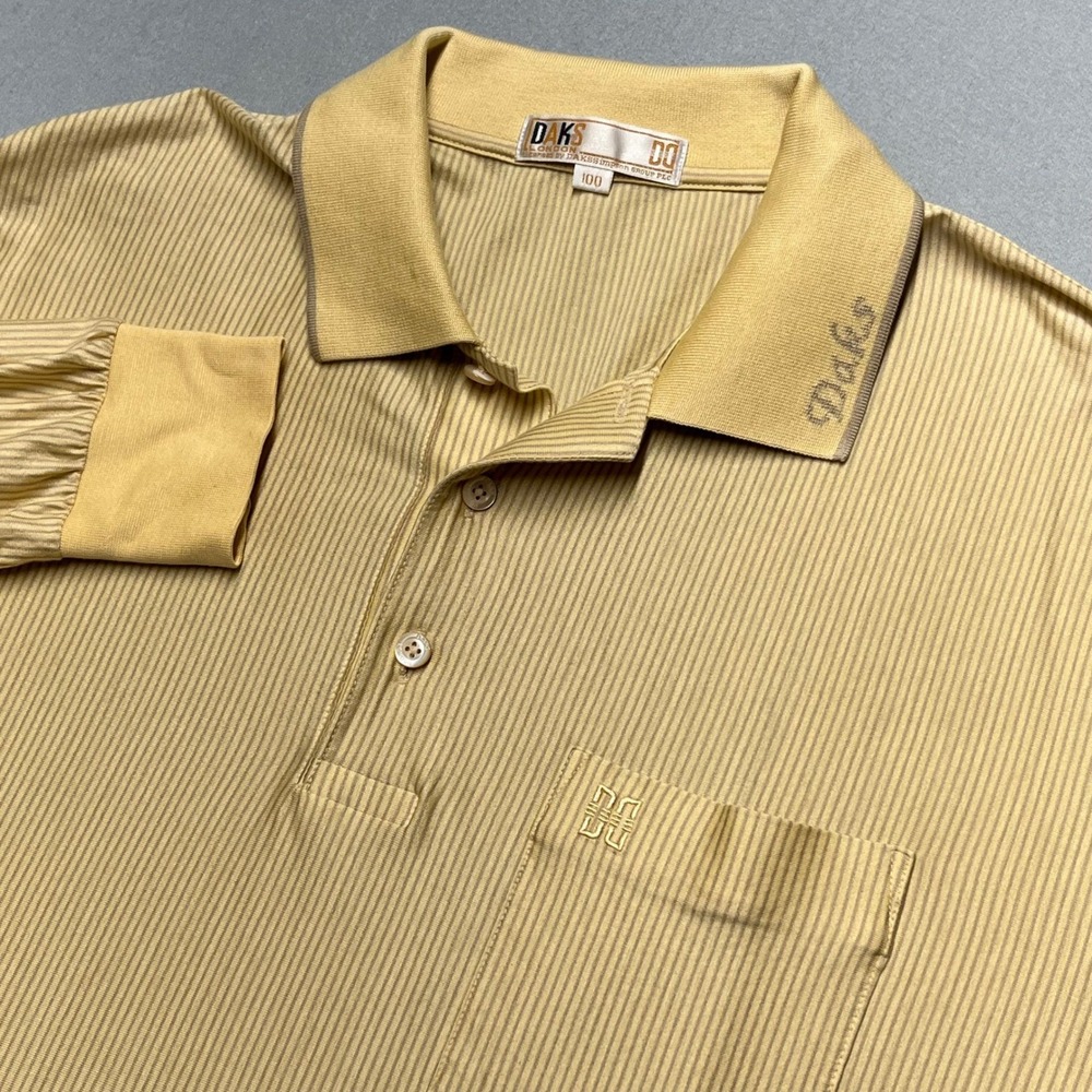 VTG DAKs London Mens Long Sleeve Polo Shirt Striped Pocket Logo Casual Golf  100